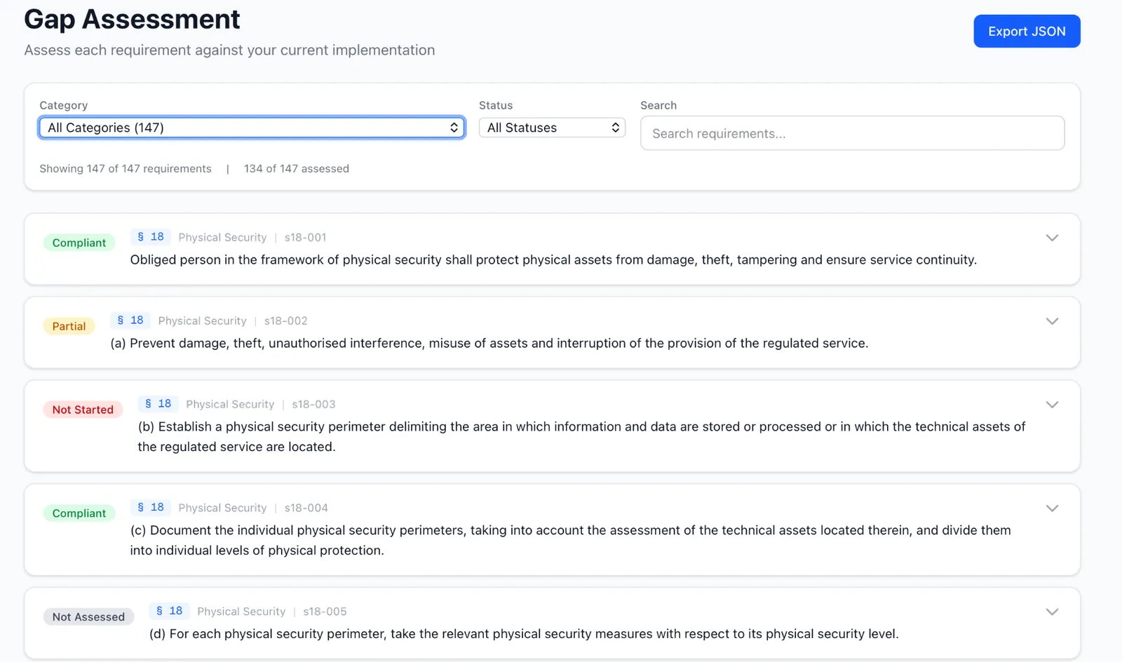 Gap Assessment – filtry, status, priority, evidence vault
