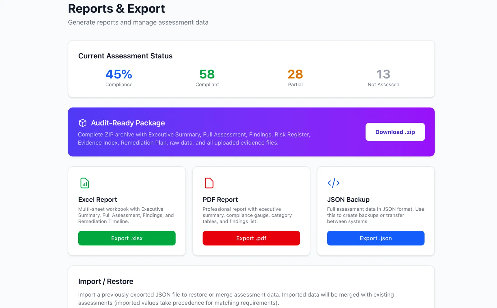 Reports & Export – PDF, Excel, JSON, Audit-Ready Package